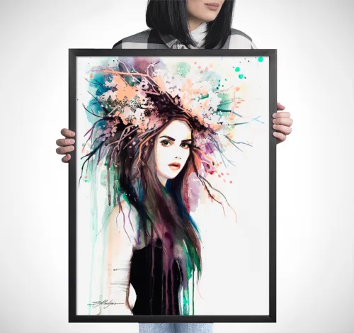 Slaveika-Aladjova-Art-19 Spring girl with a crown of blossoming branches, watercolor painting, limited edition art print by Slaveika Aladjova