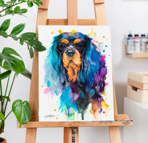Black and tan Cavalier King Charles spaniel watercolor painting, limited edition art print by Slaveika Aladjova, view 2