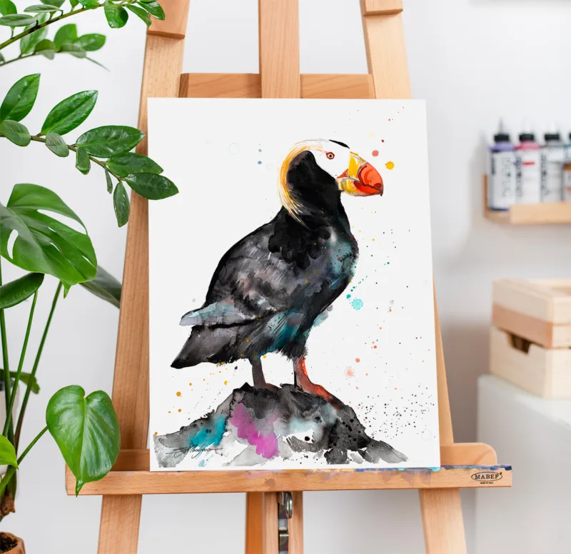 Tufted puffin watercolor painting, limited edition art print by Slaveika Aladjova, view 3