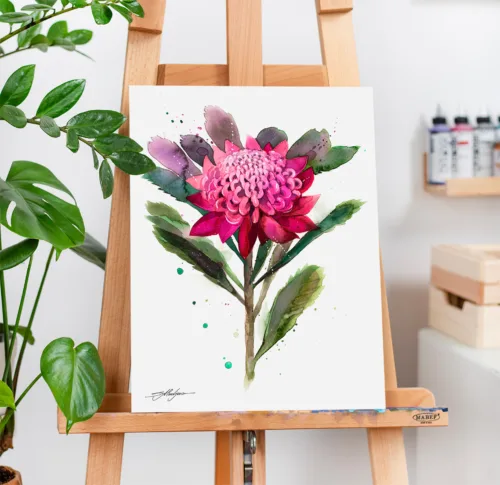 Waratah watercolor painting, limited edition art print by Slaveika Aladjova, view 2