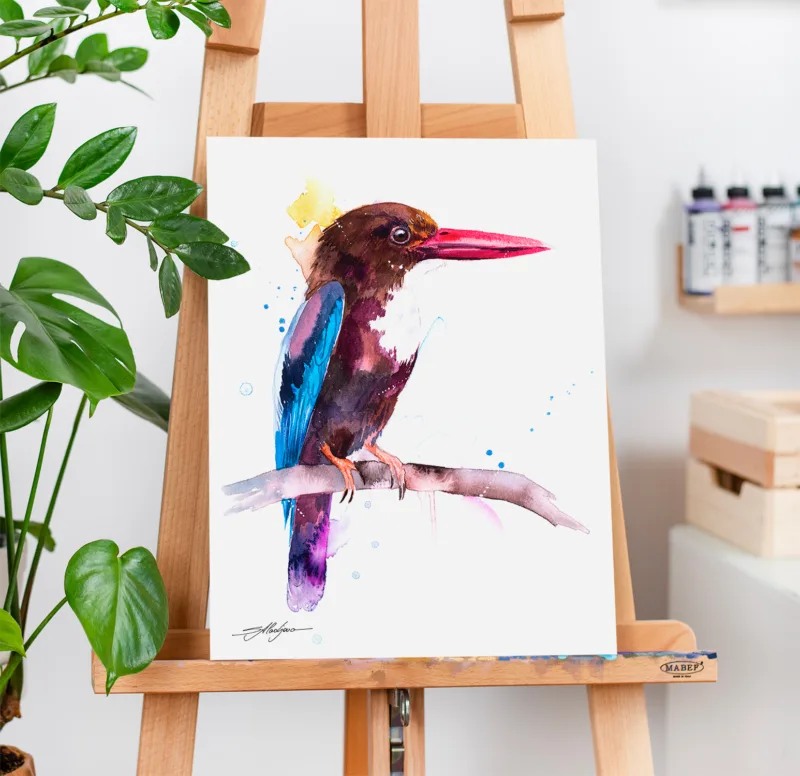White-throated kingfisher watercolor painting, limited edition art print by Slaveika Aladjova, view 2