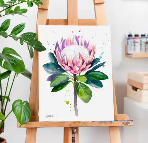 King Protea plant King protea watercolor painting, limited edition art print by Slaveika Aladjova