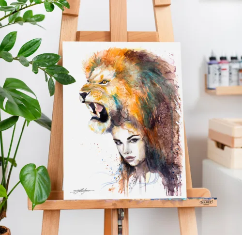 Lion girl watercolor painting, woman with a lion headdress, limited edition art print by Slaveika Aladjova, view 2