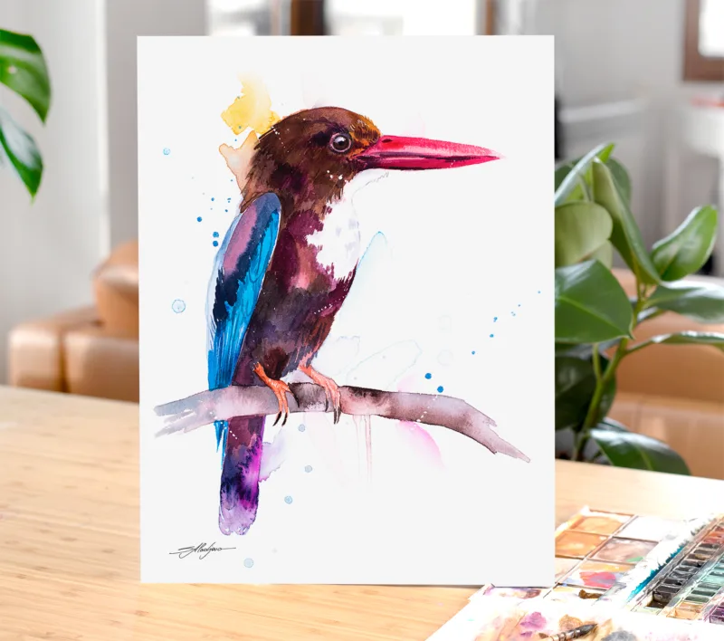 White-throated kingfisher watercolor painting, limited edition art print by Slaveika Aladjova