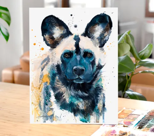 African wild dog watercolor painting, limited edition art print by Slaveika Aladjova, view 2