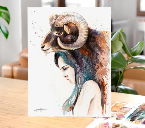 Mouflon girl watercolor painting, woman with a ram headdress, limited edition art print by Slaveika Aladjova, view 2
