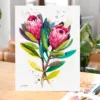 Protea Pink Ice watercolor painting, limited edition art print by Slaveika Aladjova