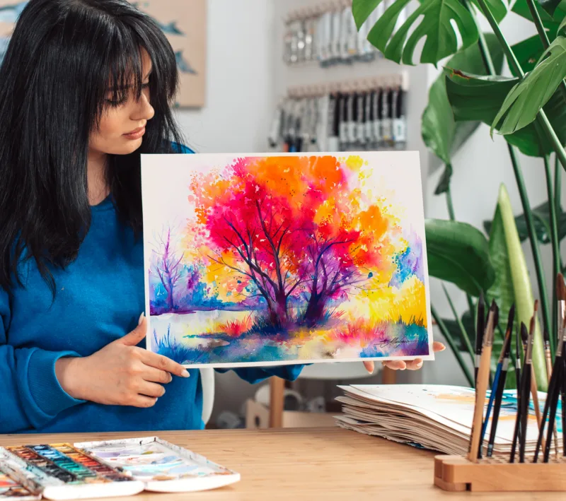 Colorful tree watercolor painting, limited edition art print by Slaveika Aladjova, view 3