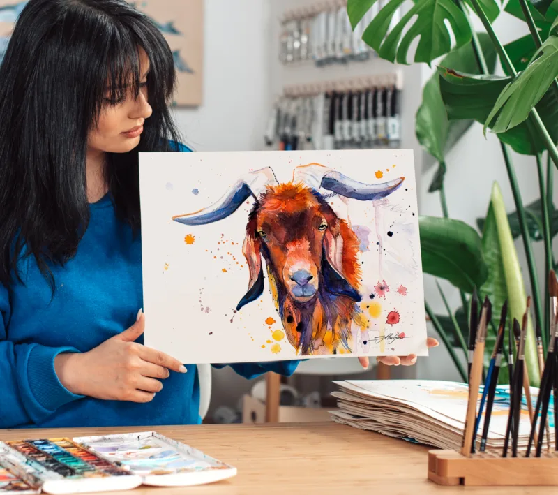 Red goat watercolor painting, limited edition art print by Slaveika Aladjova