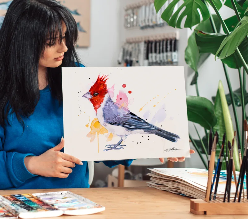 Red-crested cardinal watercolor painting, limited edition art print by Slaveika Aladjova