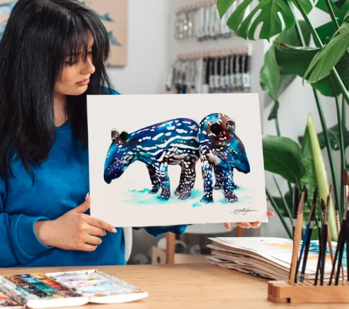 Baby tapirs watercolor painting print by Slaveika Aladjova, art, animal, illustration, home decor, wall art, gift, portrait, Contemporary Baby tapirs watercolor painting, limited edition art print by Slaveika Aladjova