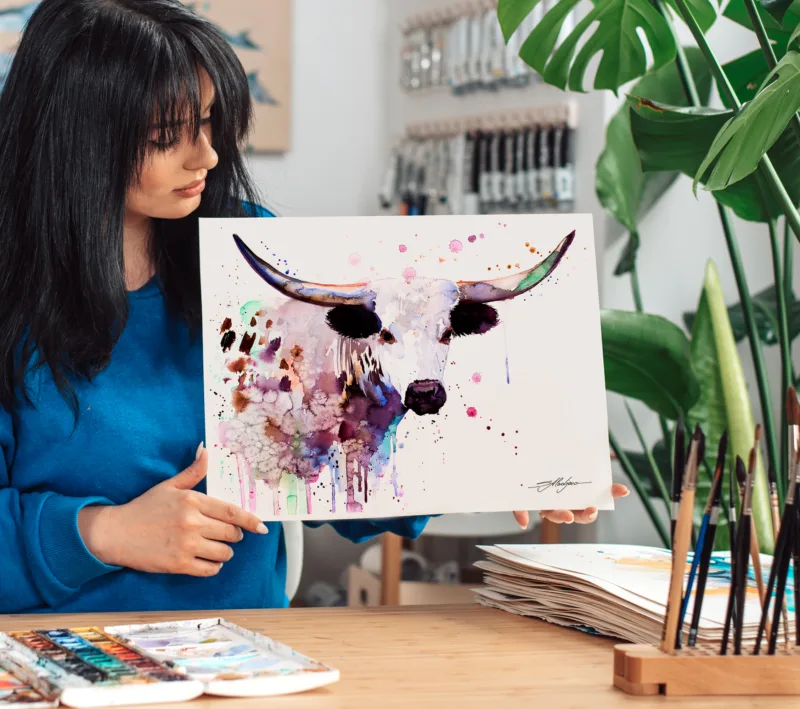 Texas longhorn watercolor painting, limited edition art print by Slaveika Aladjova, view 4