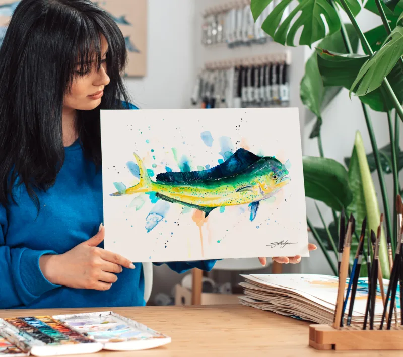 Mahi mahi dorado watercolor painting, limited edition art print by Slaveika Aladjova, view 3