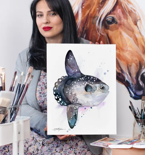 Ocean sunfish Mola mola watercolor painting, limited edition art print by Slaveika Aladjova, view 2