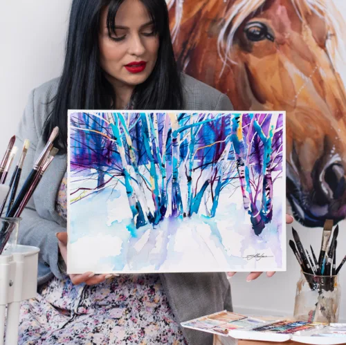 Winter birch forest watercolor painting, limited edition art print by Slaveika Aladjova