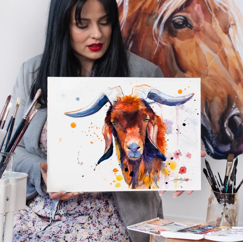 Red goat watercolor painting, limited edition art print by Slaveika Aladjova, view 4
