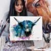 Black Highland cow watercolor painting, limited edition art print by Slaveika Aladjova