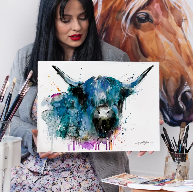 Black Highland cow watercolor painting, limited edition art print by Slaveika Aladjova