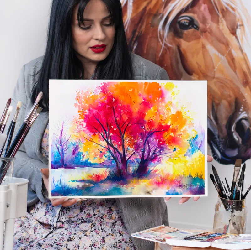 Colorful tree watercolor painting, limited edition art print by Slaveika Aladjova, view 4