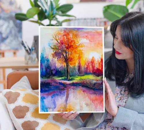 Autumn tree at sunset by a lake, watercolor landscape, limited edition art print by Slaveika Aladjova, view 2