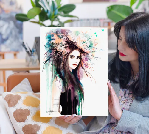 Spring girl with a crown of blossoming branches, watercolor painting, limited edition art print by Slaveika Aladjova, view 2