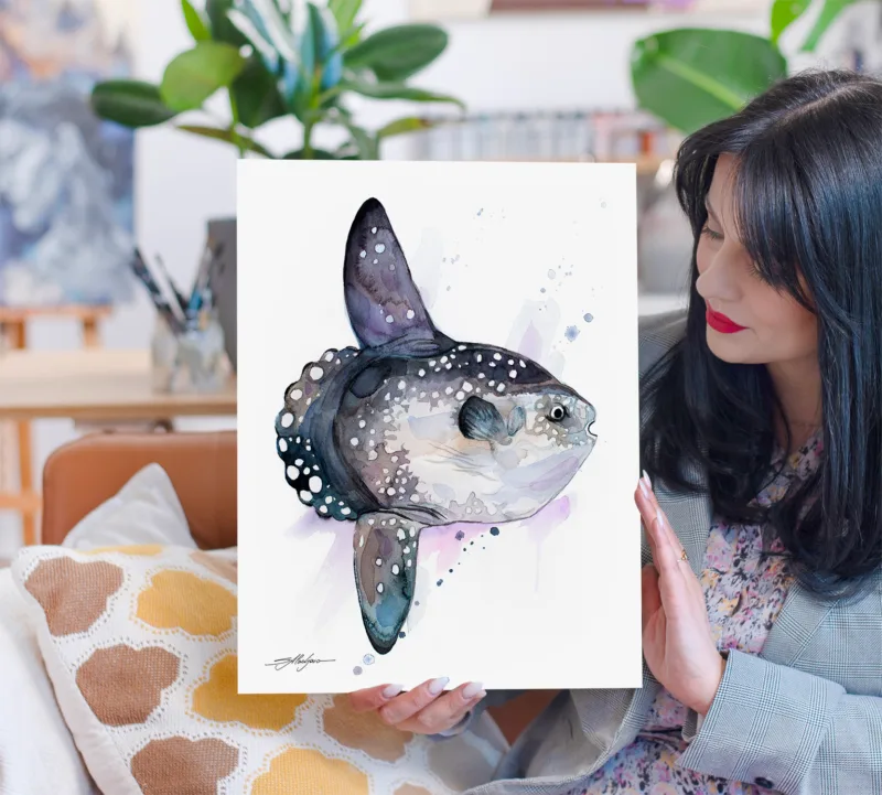 Ocean sunfish Mola mola watercolor painting, limited edition art print by Slaveika Aladjova
