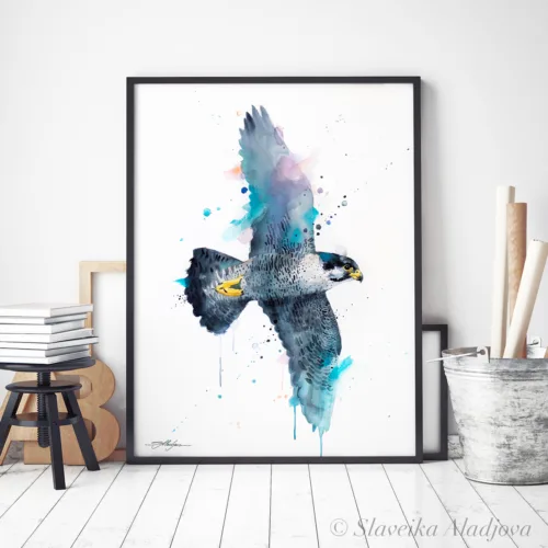 Peregrine falcon in flight watercolor painting, limited edition art print by Slaveika Aladjova, view 2