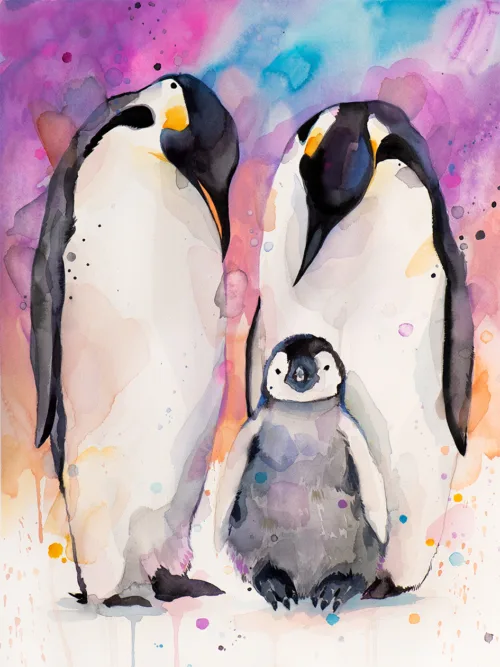 Emperor penguin family with chick, watercolor painting, limited edition art print by Slaveika Aladjova, view 2