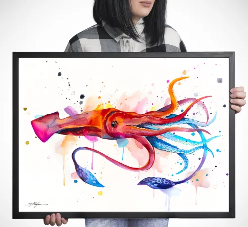 Squid watercolor painting, limited edition art print by Slaveika Aladjova, view 2