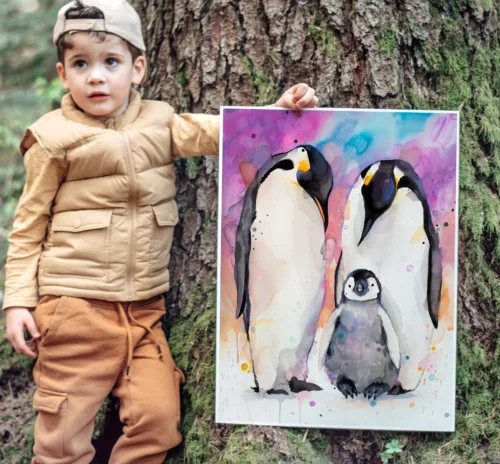 Emperor penguin family with chick, watercolor painting, limited edition art print by Slaveika Aladjova