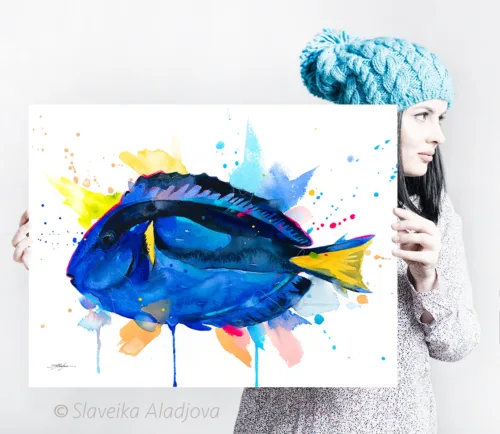 Blue tang watercolor painting, limited edition art print by Slaveika Aladjova