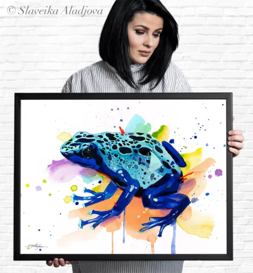 Blue poison dart frog watercolor painting, limited edition art print by Slaveika Aladjova, view 2