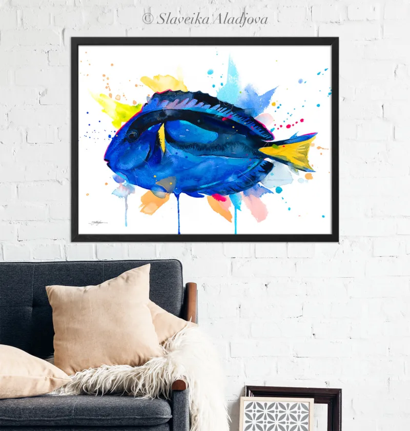 Blue tang watercolor painting, limited edition art print by Slaveika Aladjova, view 3