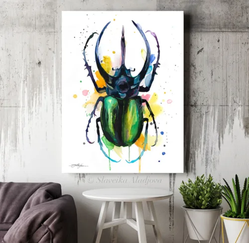 Atlas beetle watercolor painting, limited edition art print by Slaveika Aladjova, view 2