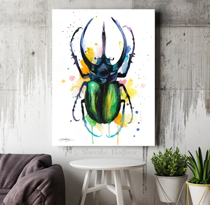 Atlas beetle watercolor painting, limited edition art print by Slaveika Aladjova, view 2