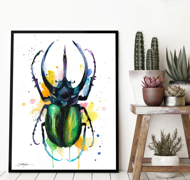 Atlas beetle watercolor painting, limited edition art print by Slaveika Aladjova, view 3