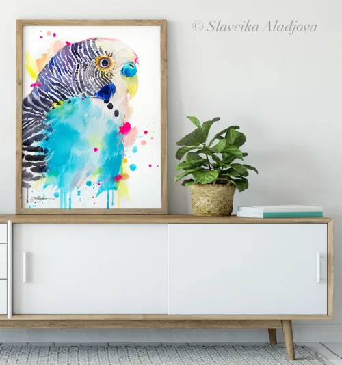 Budgerigar watercolor painting, limited edition art print by Slaveika Aladjova, view 2