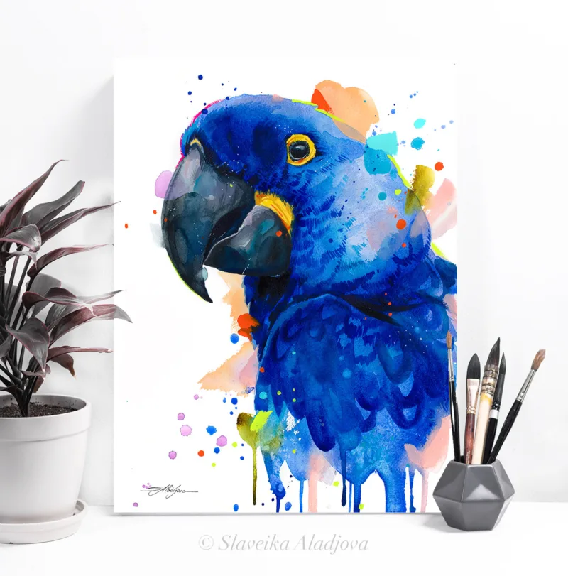 Hyacinth macaw watercolor painting, limited edition art print by Slaveika Aladjova, view 2