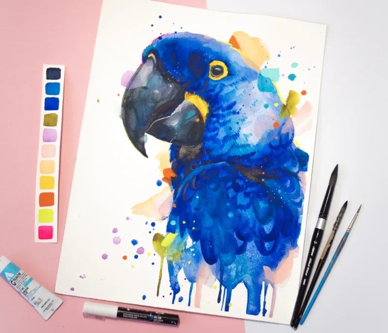 Hyacinth macaw watercolor painting, limited edition art print by Slaveika Aladjova