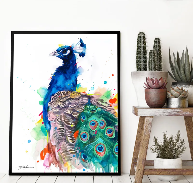 Peacock watercolor painting, limited edition art print by Slaveika Aladjova, view 3
