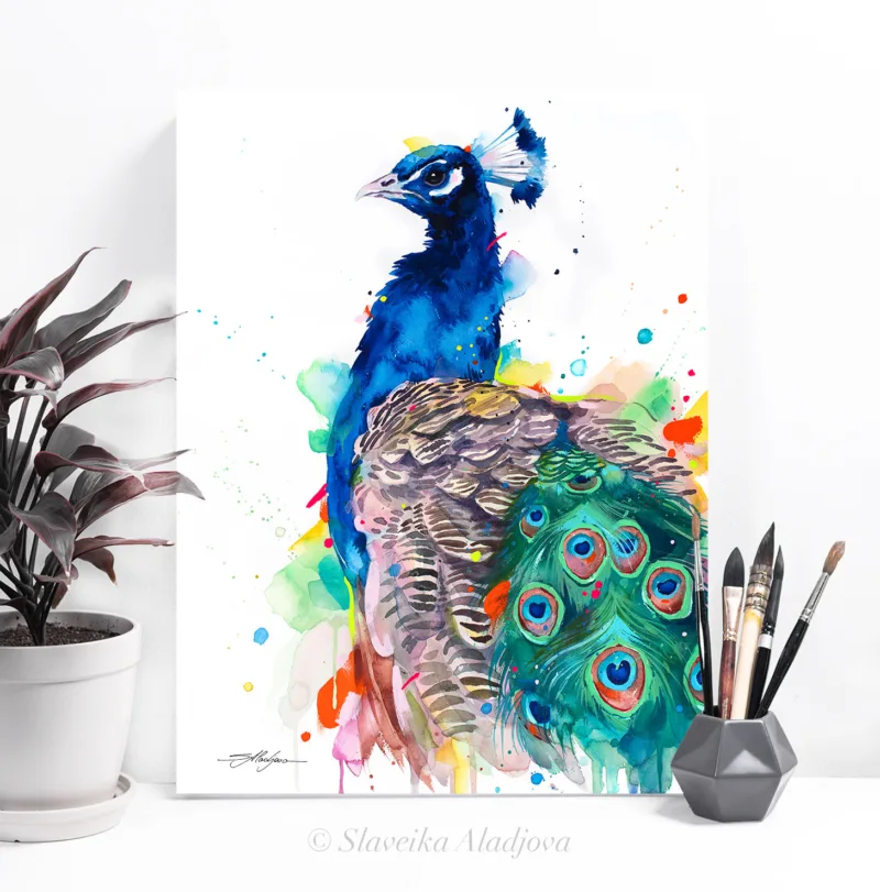 Peacock watercolor painting, limited edition art print by Slaveika Aladjova, view 4