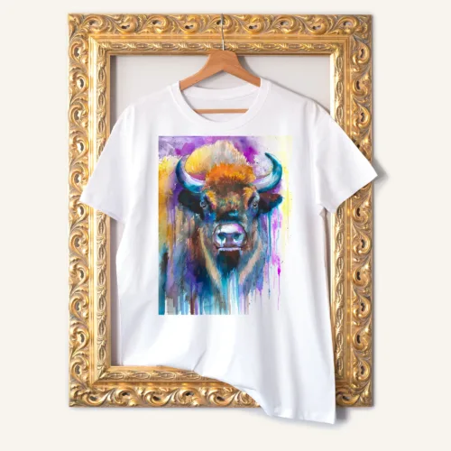 European bison watercolor painting printed on a white cotton T-shirt by Slaveika Aladjova