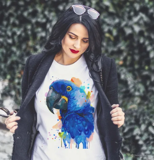 Hyacinth macaw watercolor painting printed on a white cotton T-shirt by Slaveika Aladjova
