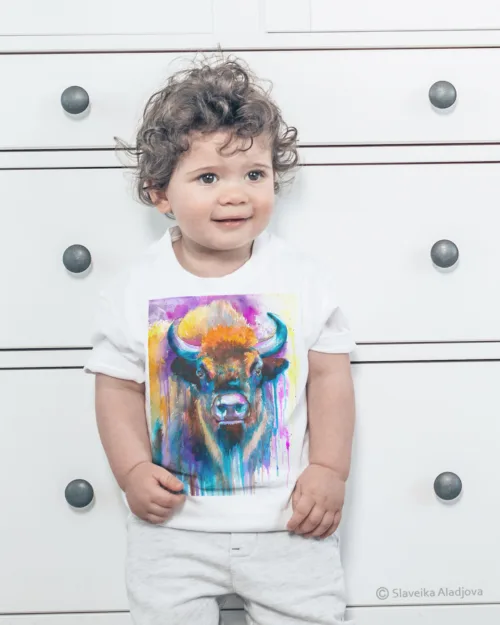 European bison watercolor painting printed on a white cotton T-shirt by Slaveika Aladjova, view 2