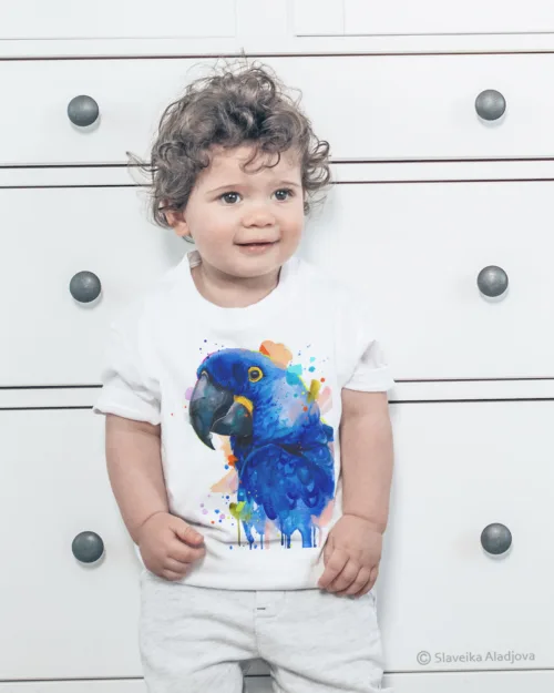 Hyacinth macaw watercolor painting printed on a white cotton T-shirt by Slaveika Aladjova, view 2