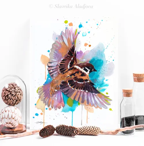 Tree sparrow in flight, watercolor painting, limited edition art print by Slaveika Aladjova, view 2