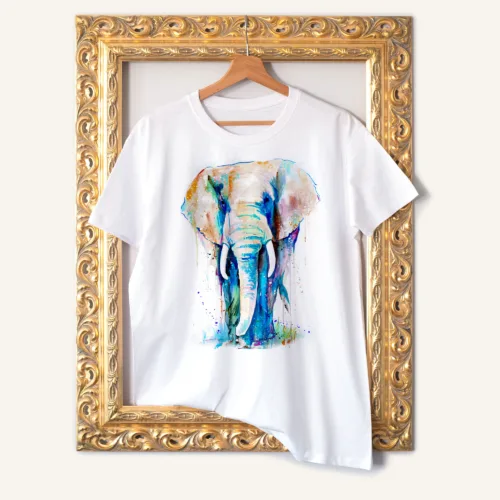 African elephant watercolor painting printed on a white cotton T-shirt by Slaveika Aladjova