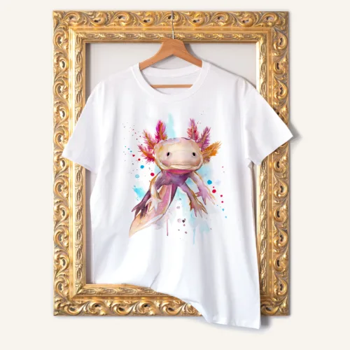 Axolotl watercolor painting printed on a white cotton T-shirt by Slaveika Aladjova