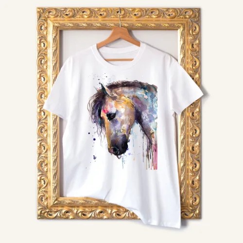Horse watercolor painting printed on a white cotton T-shirt by Slaveika Aladjova