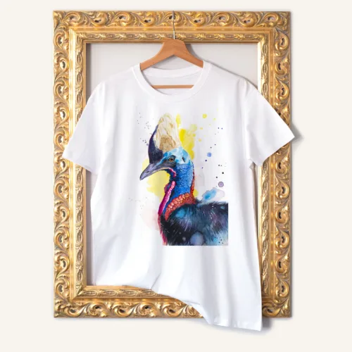 Cassowary watercolor painting printed on a white cotton T-shirt by Slaveika Aladjova